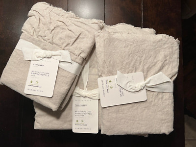 Pottery Barn Belgian Flax Linen Fringe Ruffle F/Queen Duvet  & 2 Standard Shams-image