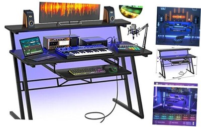  Music Studio Desk with Power Outlets and RGB LED Lights, Music Production -image