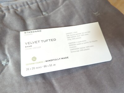 1 Pottery Barn Velvet Tufted Quilted Standard Sham Light Gray Silver NWT-image