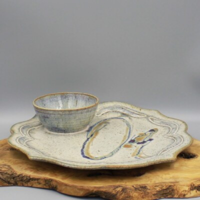 Vintage Stoneware Studio Pottery Chip and Dip Serving Platter - Signed-image