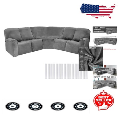 L-Shaped Velvet Sofa Covers - 7 Pcs Stretch Fit for 5 Seat Recliners - Dark Gray-image