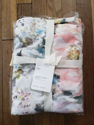 Pottery Barn Kinsley Percale Duvet Cover Pink Watercolor Floral Twin-image