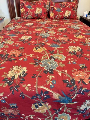 Pottery Barn Red Linen Cotton Floral Birds Queen Duvet Cover & Pair of  Shams-image