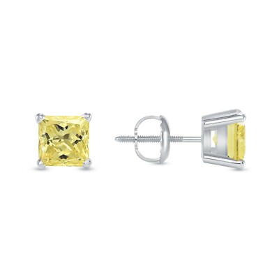2.5 Ct Princess Cut Canary Earrings Studs Solid 18K White Gold Screw Back Basket-image