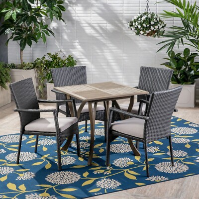 Alva Outdoor 5 Piece Wood and Wicker Square Dining Set-image