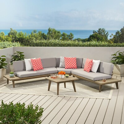 Hillside Outdoor V Shaped 4 Piece Acacia Wood Sectional Sofa Set-image