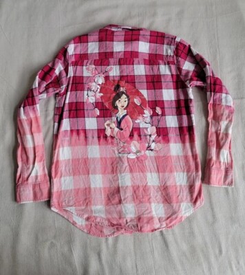 Disney Princess Flannel Shirt Womens L Pink Dip Dyed Mulan Bleach Soft Fall Mom-image