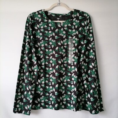 NWT Dip Womens Green & Black Round Neck Long Sleeve Floral T-Shirt Size XL-image