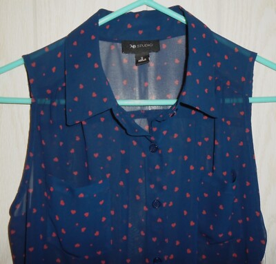 AB STUDIO Navy Blue Red Heart Print Sleeveless Sheer Button Up Blouse Small  NWT-image
