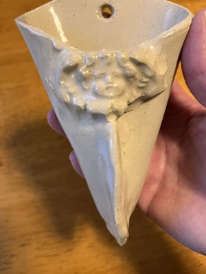 Handmade Studio Clay Art Pottery Hanging Conical Bud Vase Wall Pocket Angel Wing-image