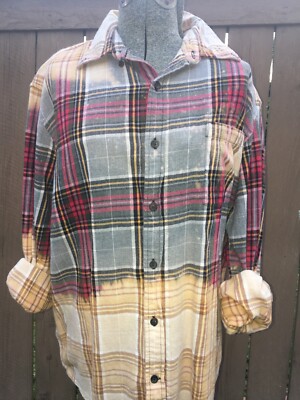 Vintage Bleach Dipped Flannel Shirt Hand Dyed with Ombre Effect Women's Size L-image