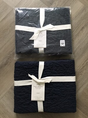 Pottery Barn Belgian Flax Linen Floral Stitch Shams Steel Blue NWT Set Of 2 Stan-image