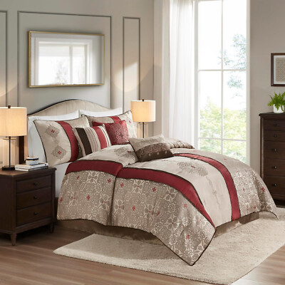 Madison Park Laurel 7-pcs Luxurious Jacquard Design Comforter Set , King, Red.-image