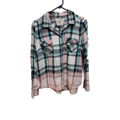 Sonoma Women Bleached Flannel Shirt Size L Hand Dipped Blue White Turquoise Pink-image