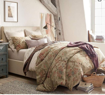 Pottery Barn Grace Duvet Cover Neutral Floral Heavy Linen/Cotton King Cal 108x82-image