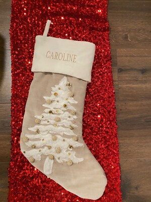 NEW POTTERY BARN IVORY & TAN BEADED ORNAMENTS CHRISTMAS STOCKING Caroline-image