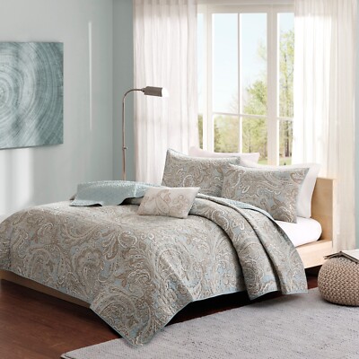 Madison Park Pure Ronan 4 Piece Cotton Quilt Set with Throw Pillow Queen CalKing-image