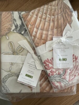 POTTERY BARN MONTEREY COASTAL FULL QUEEN DUVET COVER+1  Euro Sham Seahorse Coral-image