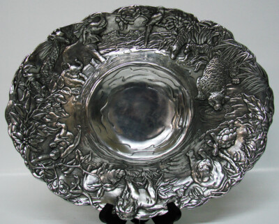 1996 Arthur Court Aluminum Large AFRICAN SAFARI ANIMALS Chip & Dip Bowl 15