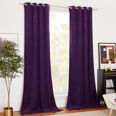 Purple Blackout Velvet Curtain Panels Media Movie Theater Room Decor Heavy-image