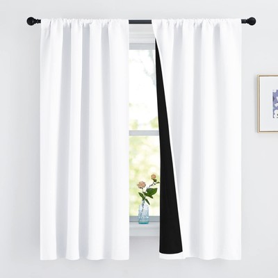 White 100% Blackout Lined Curtains, 2 Thick Layers Completely Blackout Rod Po...-image