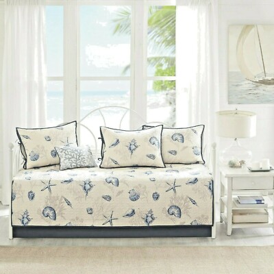 Daybed Set Blue Ivory Shell Reversible Polyester 6 Piece Nautical Bedding Cover-image