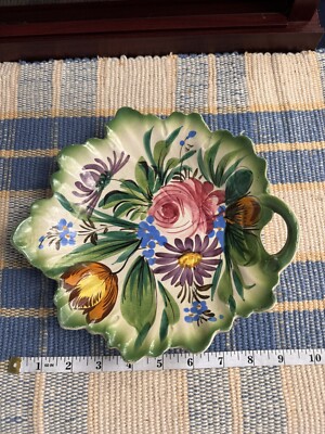 Vintage M&R Hand Painted in Italy Ceramic Rose Plate From Italy  Leaf Shaped-image