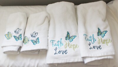 MADISON PARK LOT 4 TOWELS 2 HAND TOWELS 2 WASHCLOTH EMBROIDERED FAITH HOPE LOVE-image
