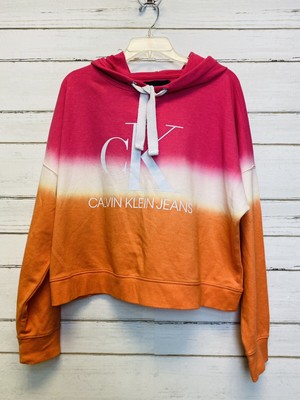 Calvin Klein Jeans Womens Dip Dye Hoodie Logo Orange Crop Top Sweatshirt  Large-image