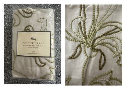 Pottery Barn - (NEW) FILIGREE EURO Sham Hand Embroidered Ivory with GREEN Leaves-image