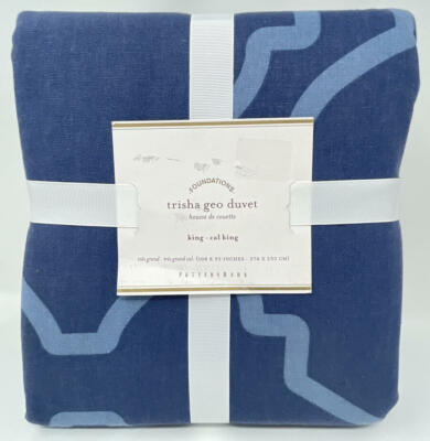 New~Pottery Barn~Trisha Geo Duvet Cover~Linen Cotton~ KING + 2 King Shams Blue-image
