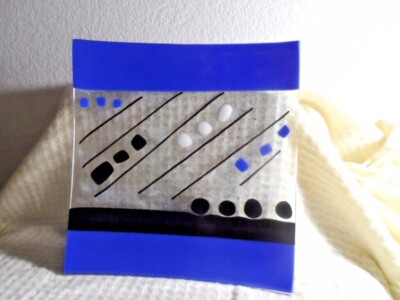 Studio Fused Art Glass Square Dish Plate Signed by Artist-image