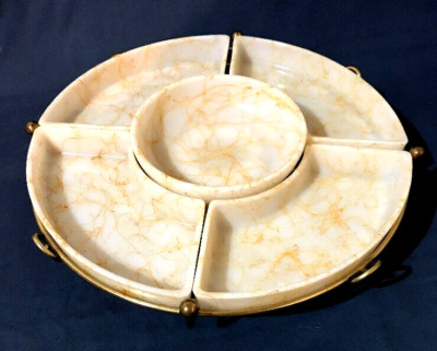 Vtg 6 piece Server Set  w/Brass-toned Base White w/Orange VeggieTray  Dip Relish-image