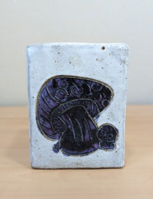 Purple Mushroom Ceramic Pottery Studio Made Desk Display, Square Vase - Signed -image