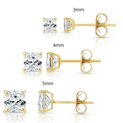 Set of 3! 14K Real Solid Gold Princess-Cut CZ Studs Earrings Push-back 3mm4mm5mm-image