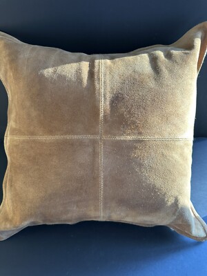 Pottery Barn Pieced Suede Leather Camel Brown Reversible Linen Pillow Cover 21
