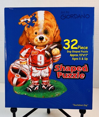 Art by Giordano Studios 32 Pc Dog Shaped Jigsaw Puzzle “Touchdown Dog” 15x11 New-image