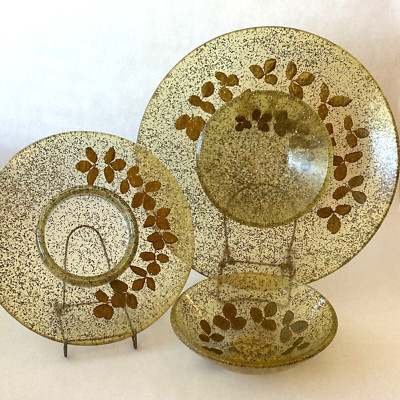 Vintage LUCITE Glitter Gold w/ Leaves Mid-Century SERVING SET of 3: Trays & Bowl-image