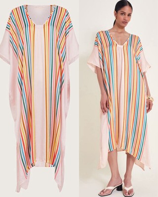Monsoon Opal Pink Multi Striped Satin Floaty Dipped Sides Kaftan Sz L/XL £80.00-image