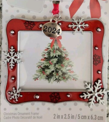Studio Decor 2024 Red Silver Snowflake Beaded Photo Ornament Fits 2x2.5 Picture -image