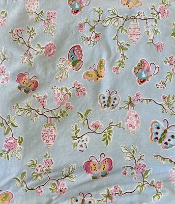 POTTERY BARN Sky Blue Pink Floral Butterfly Lantern Queen Duvet Cover-image