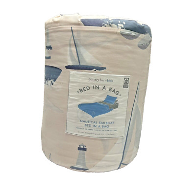 7 Pc Pottery Barn Kids Queen Bed in Bag Nautical Sailboat Compass Whale Pink NWT-image