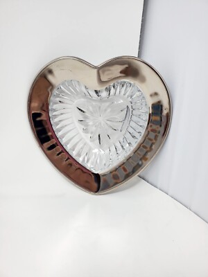 Mikasa Studio Nova Heart Shaped Cut Glass Candy Dish With Wide Silver Band-image
