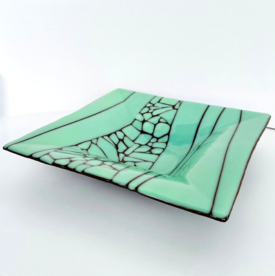 MCM Fused Studio Art Glass, Square  Dish, Green & Brown Signed by artist 11