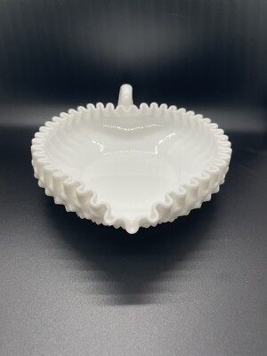 Fenton Milk Glass Hobnail Ruffle Heart Shaped Nappy Dish w Handle Classic VTG-image