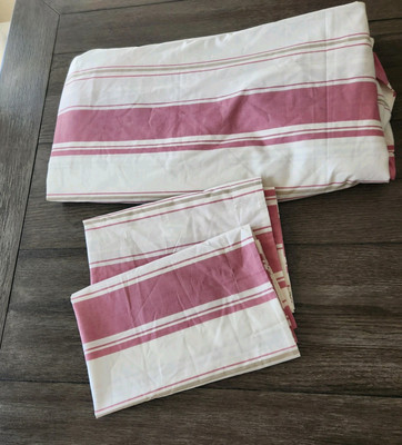 Pottery Barn Pink White Striped Full Queen Duvet And 2 Standard Shams New-image