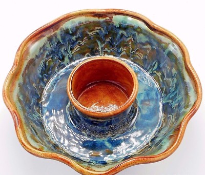 Large Chip and Dip Bowl Server Drip Glaze Studio Pottery Brown Green Signed 13