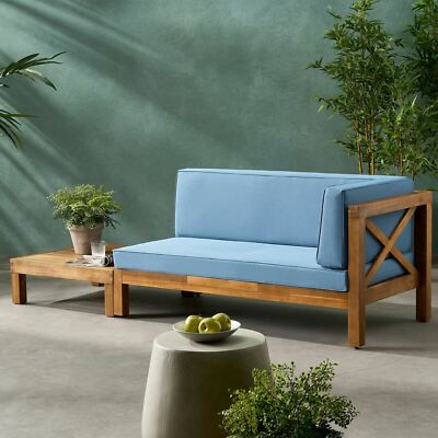 Keith Outdoor Acacia Wood Right Arm Loveseat and Coffee Table Set with Cushion-image