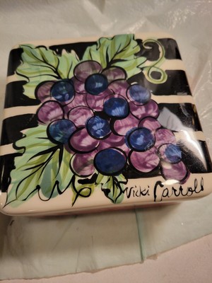 Vicki Carroll Studio Signed Hand Painted Ceramic Trinket Dish & Lid Bon Appetite-image