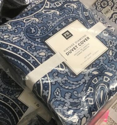 Pottery Barn Vintage Geo Diamond Duvet Cover Navy Blue Queen Medallion Teen 🦩-image